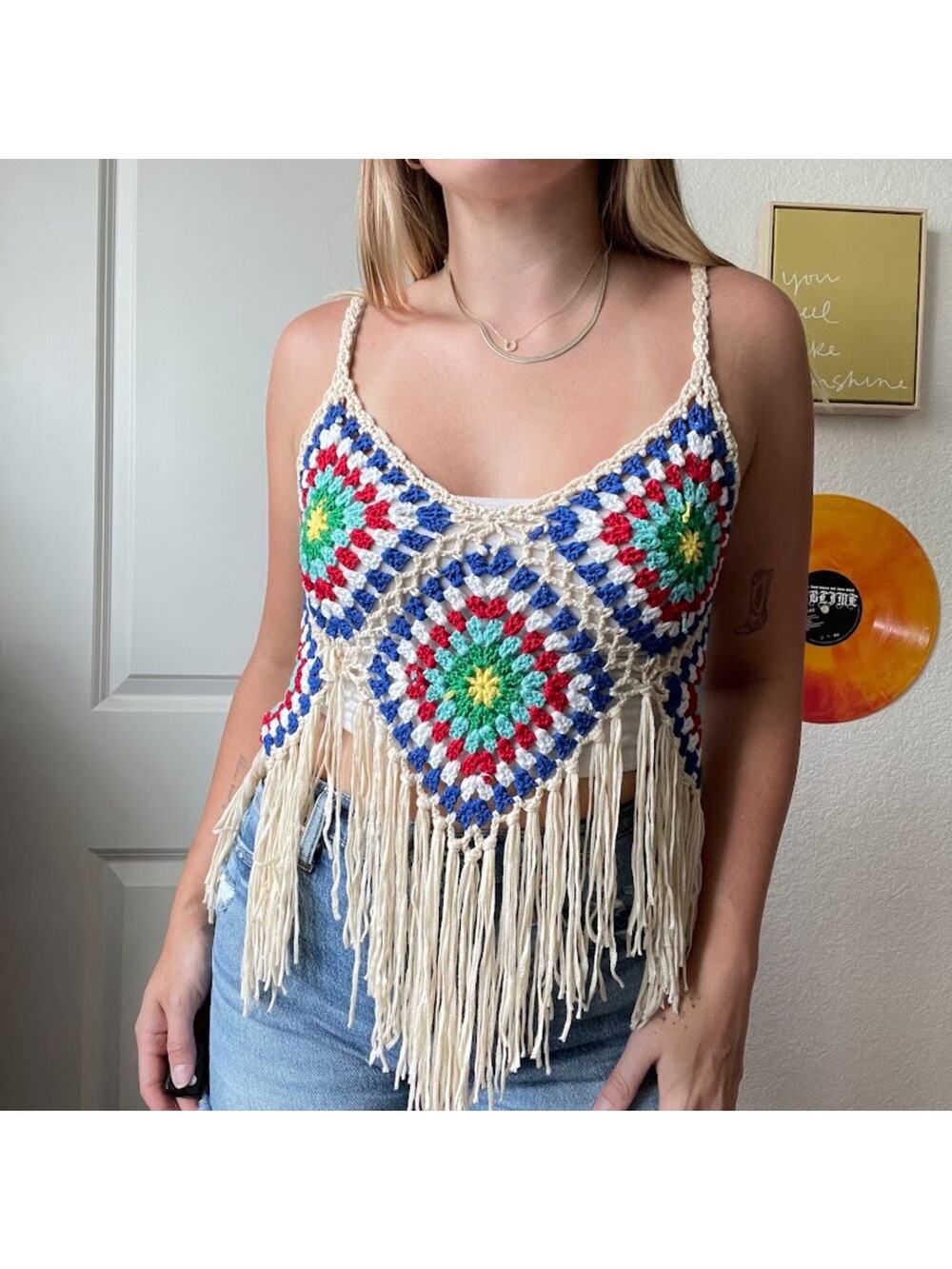 Y2K Crochet Knit V Neck Cropped Fringe Tank Top Sz S